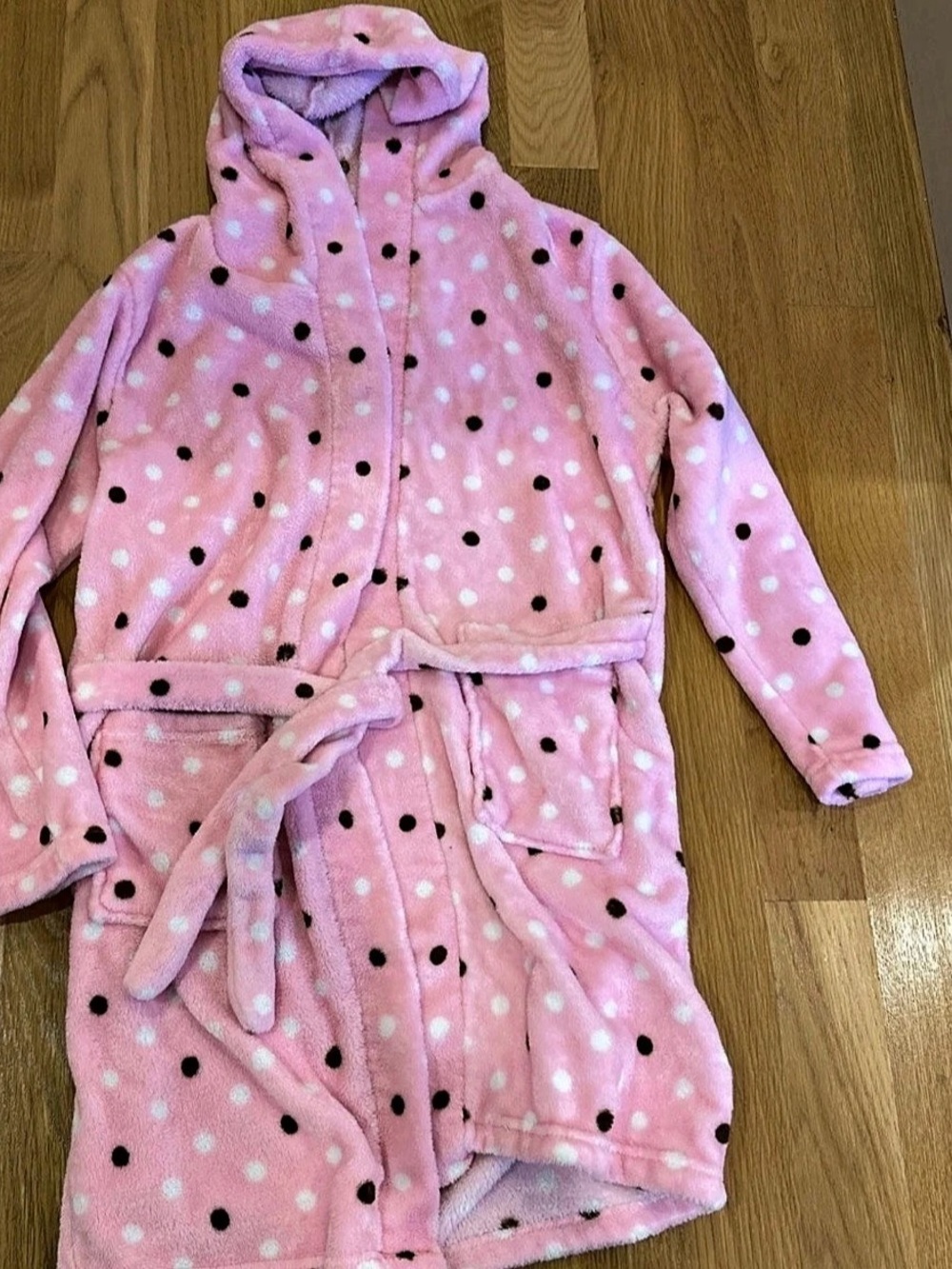 Girls Pink Polka Dot fleece hooded Robe Size 11-12